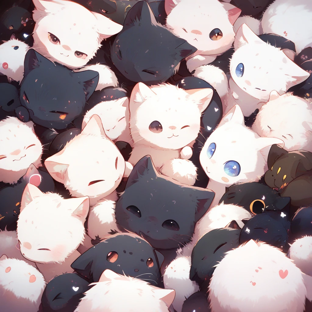 1匹の黒いフェルト子猫を囲んで寄り添う白いフェルト子猫たち