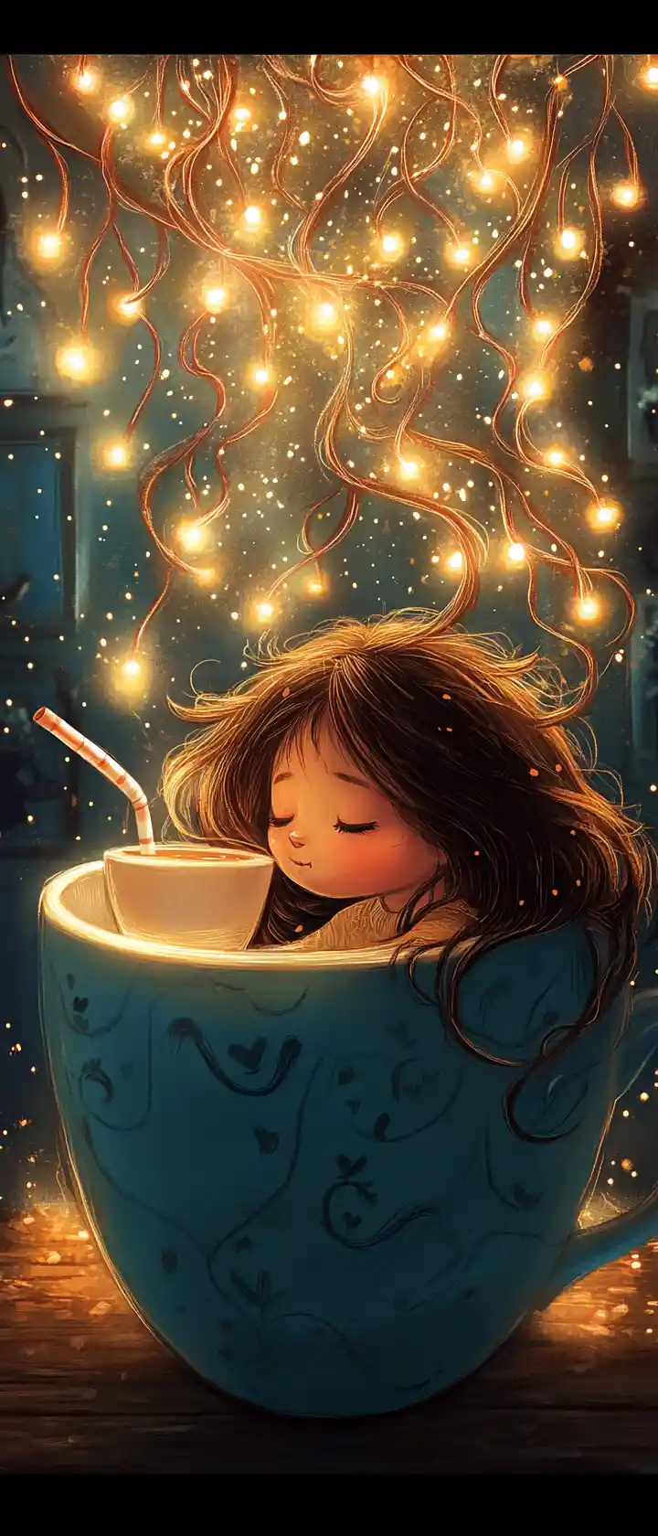 Piccola ragazza seduta dentro a una gigantesca tazza di caffè – illustrazione