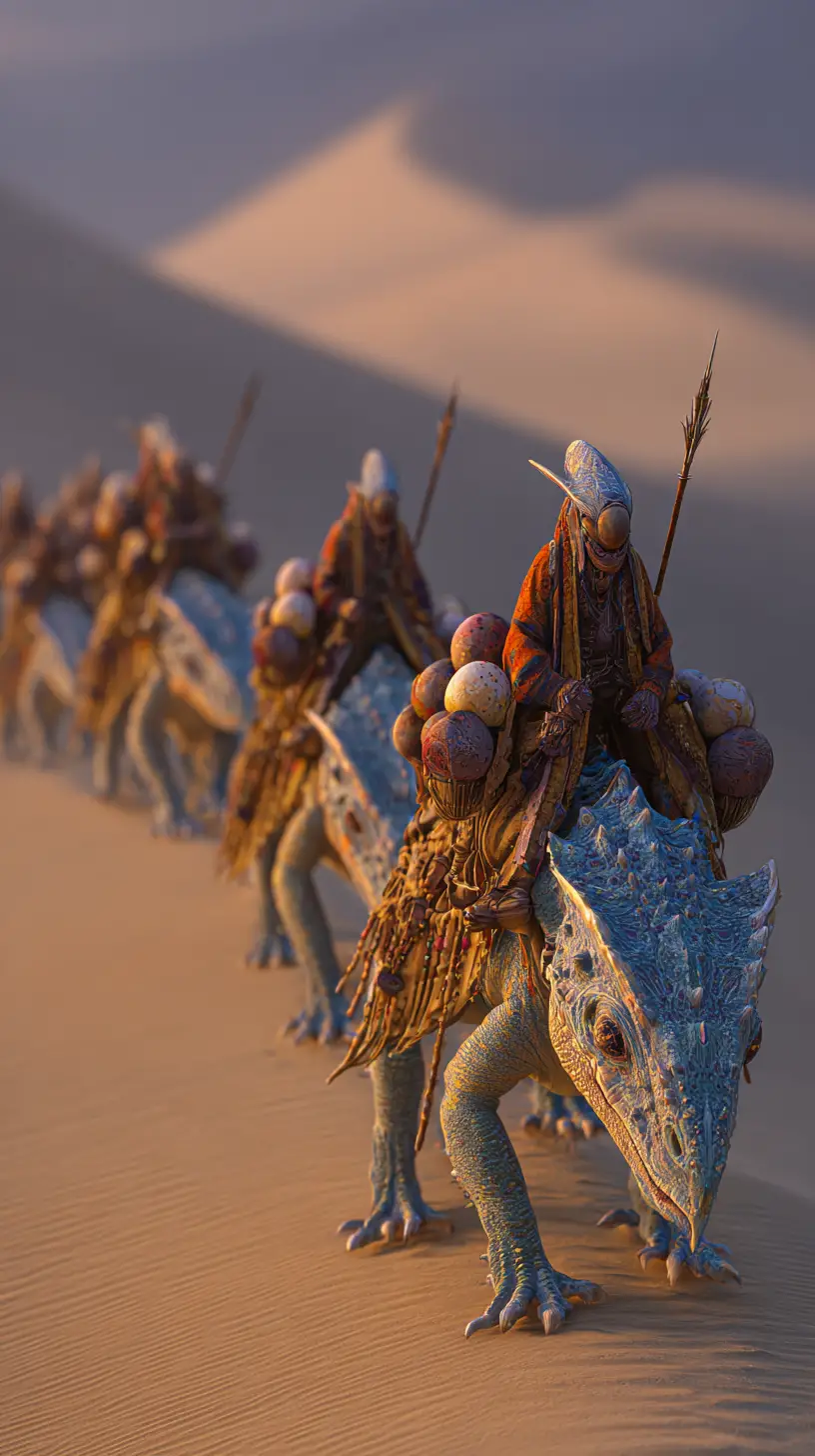 Elven caravan riding horned lizards across desert dunes