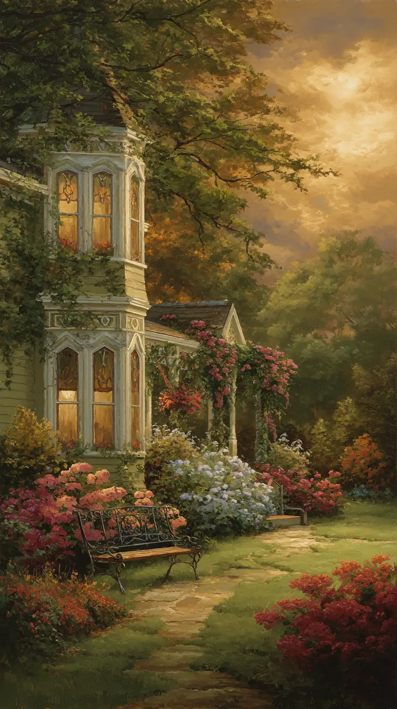 Victorian mansion in a lush summer garden at sunset