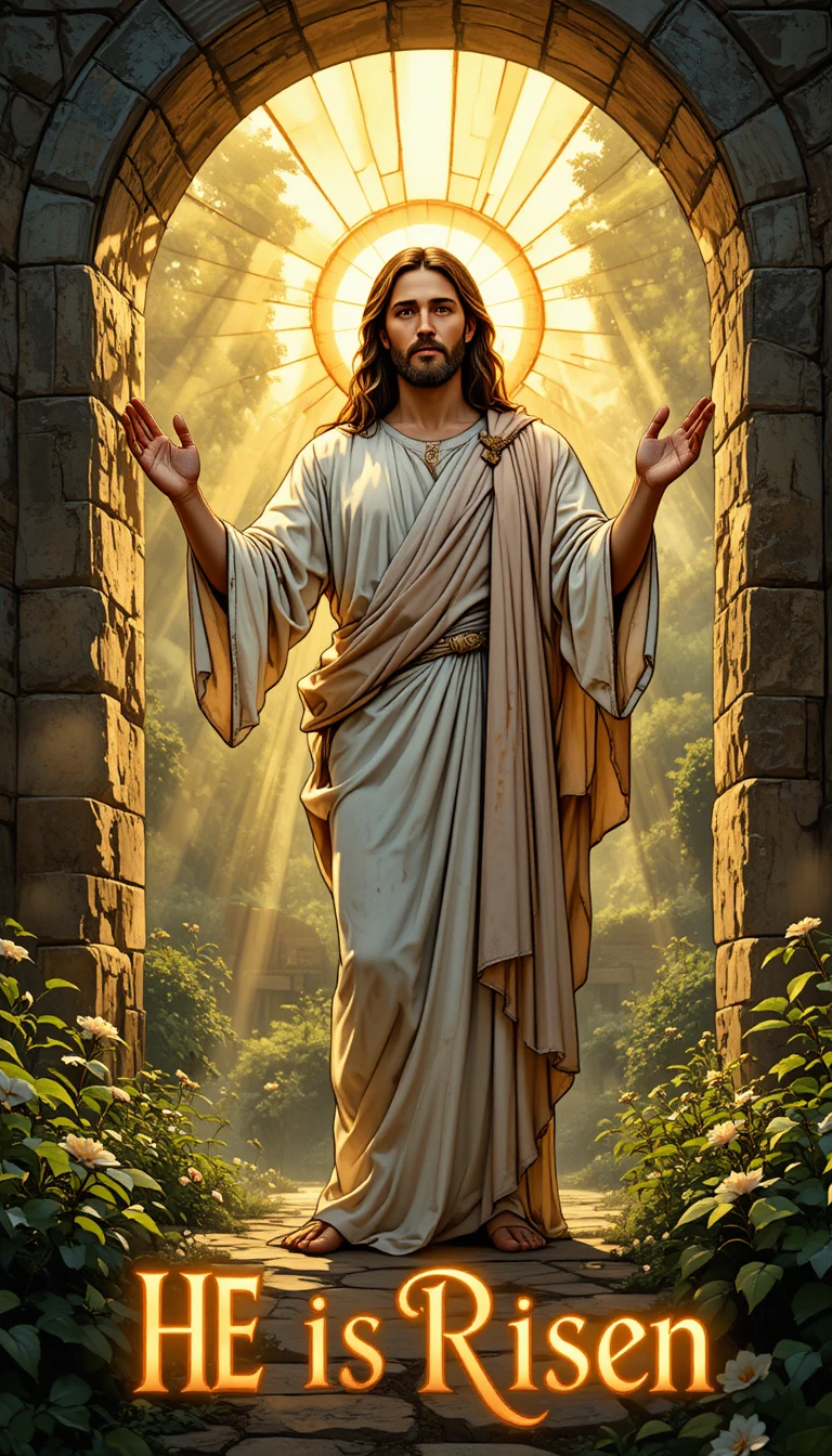Auferstandener Jesus vor dem leeren Steingrab im Morgengrauen