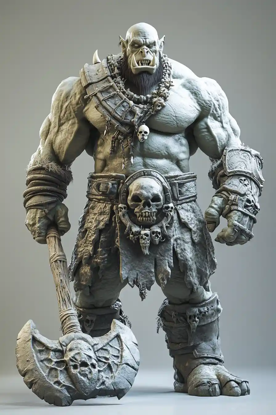 Mächtiger Ork-General mit Schädeln und Streitaxt in 3D