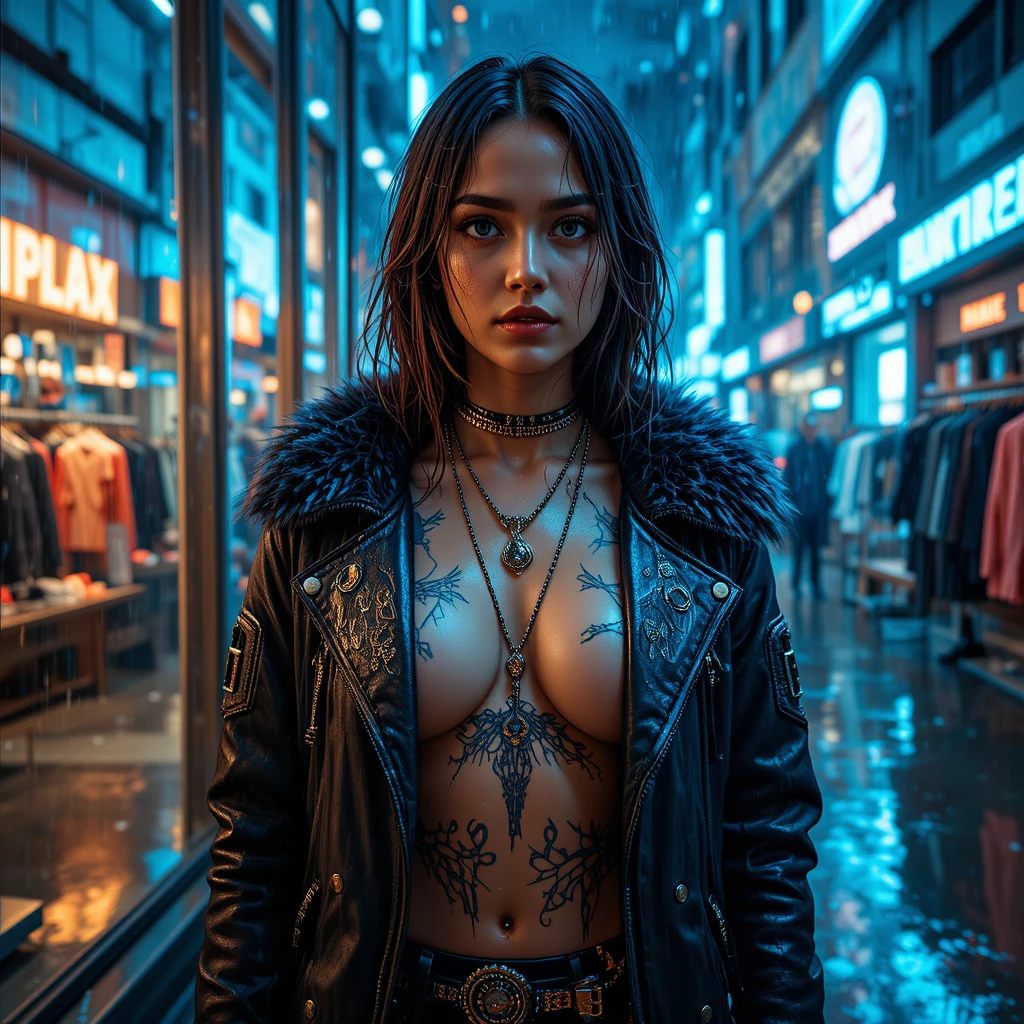 霓虹燈街頭潮流店內的賽博龐克女子