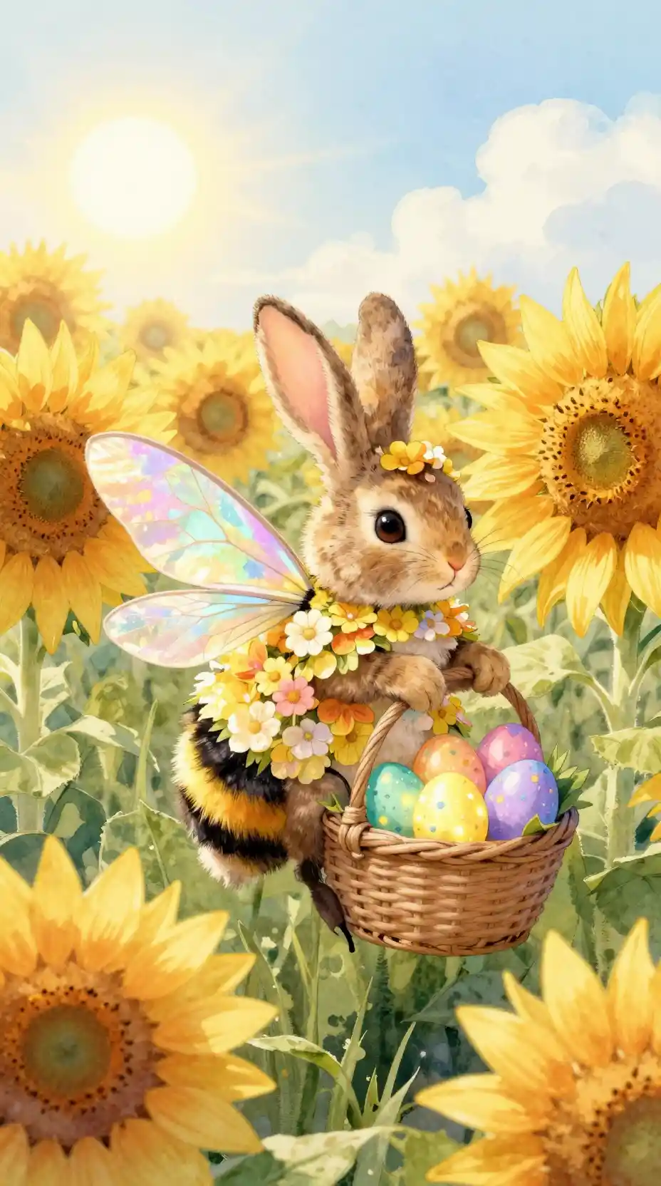Easter rabbit riding a giant bumblebee through sunflowers