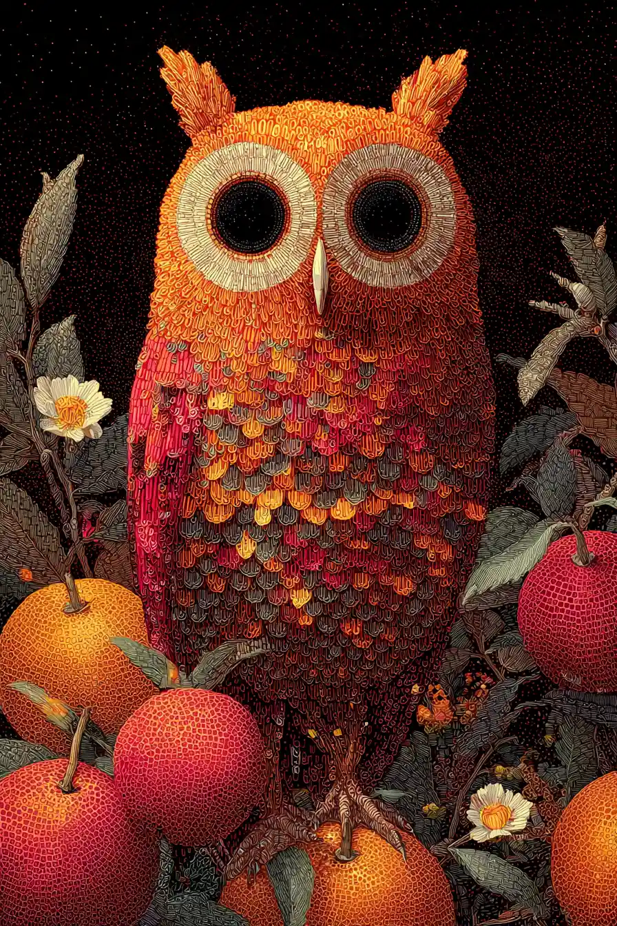 Surreal owl made of oranges with dark onyx eyes