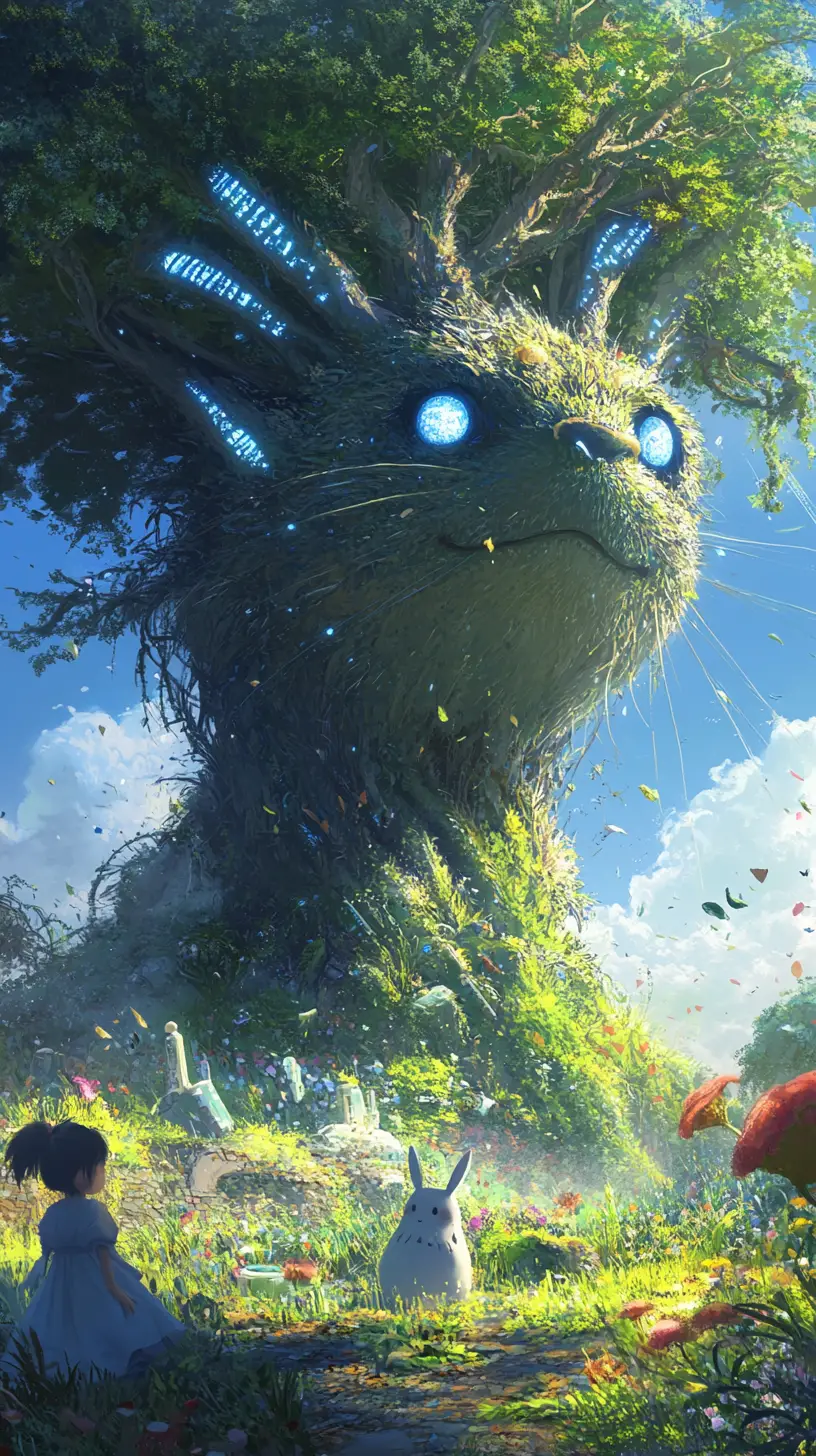 Playful forest spirits in a sunny meadow under tree
