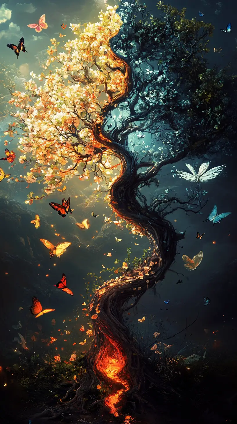 Yin yang trees of light and shadow in fantasy forest