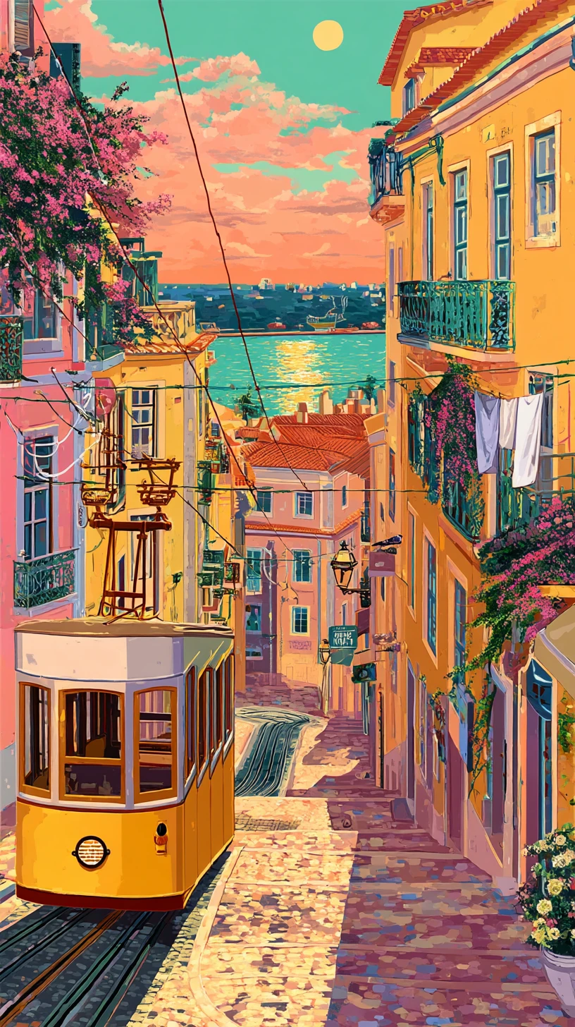 Tranvía de Lisboa subiendo una calle empedrada en tonos pastel al atardecer