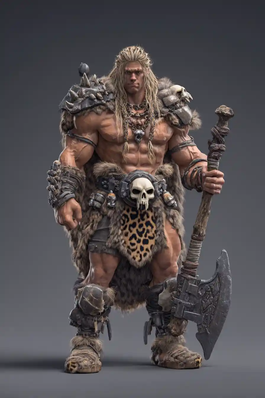 Muscular barbarian with battle axe in dramatic 3D render