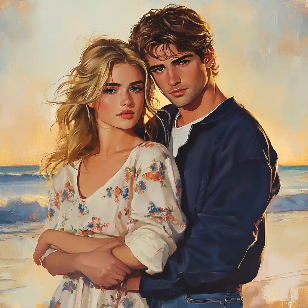 Romantic couple walking together along the beach at sunset