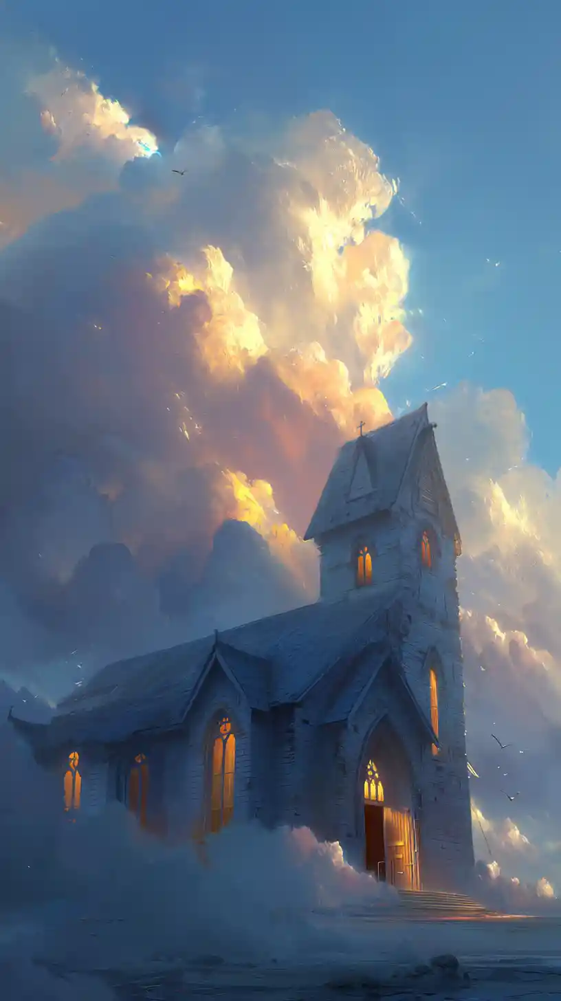 Solitary stone church floating on a sunrise cloud