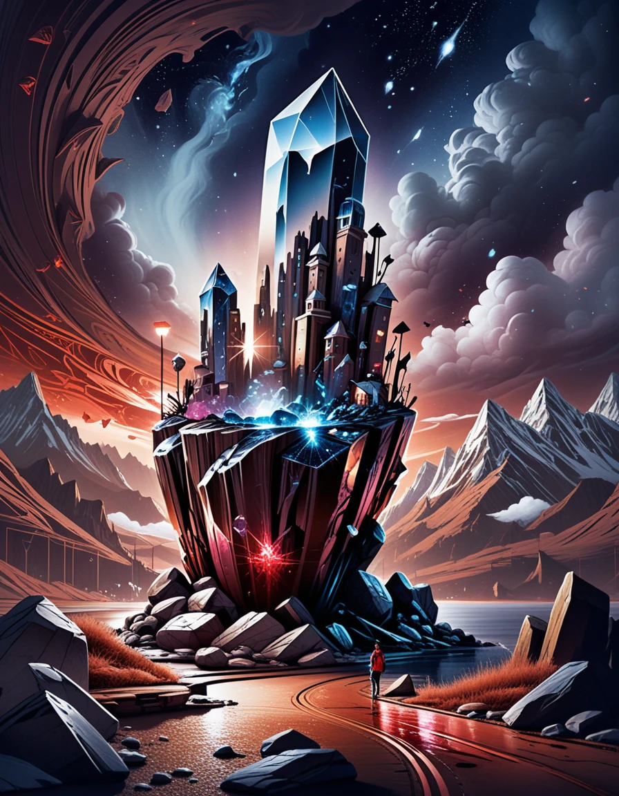 Traumhafte Fantasy-Landschaft mit kolossalen leuchtenden Himmelskristallen