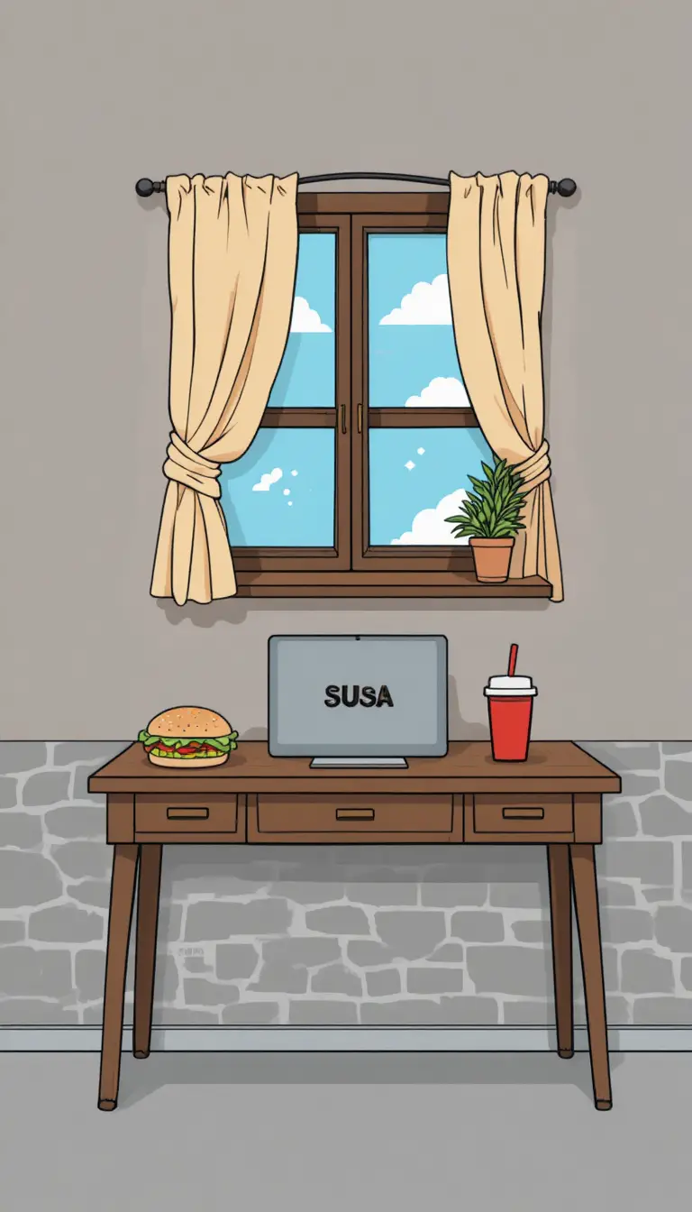 Minimalist flat workspace with laptop burger and soda cup