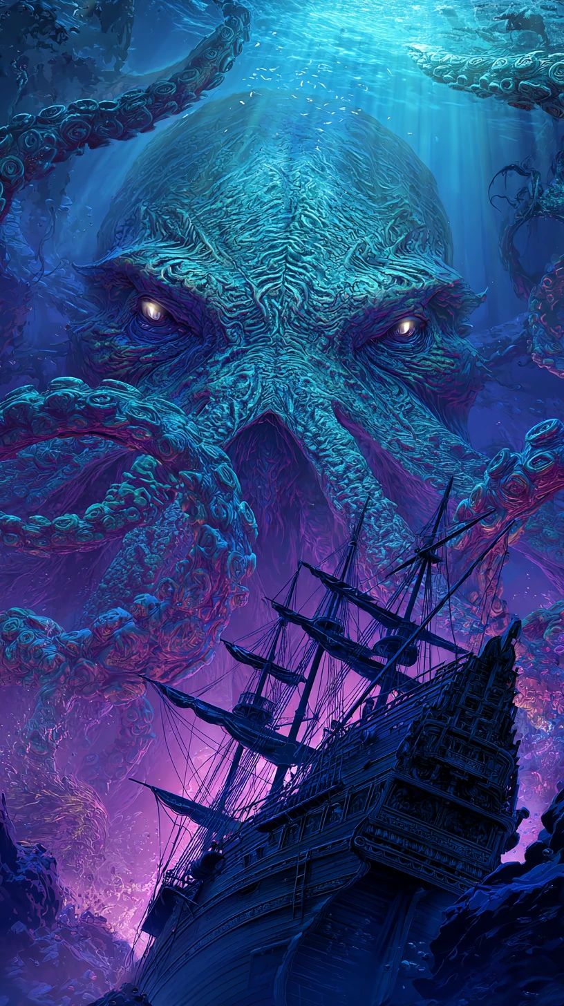 Kraken colossale che avvolge un relitto di nave pirata sott'acqua