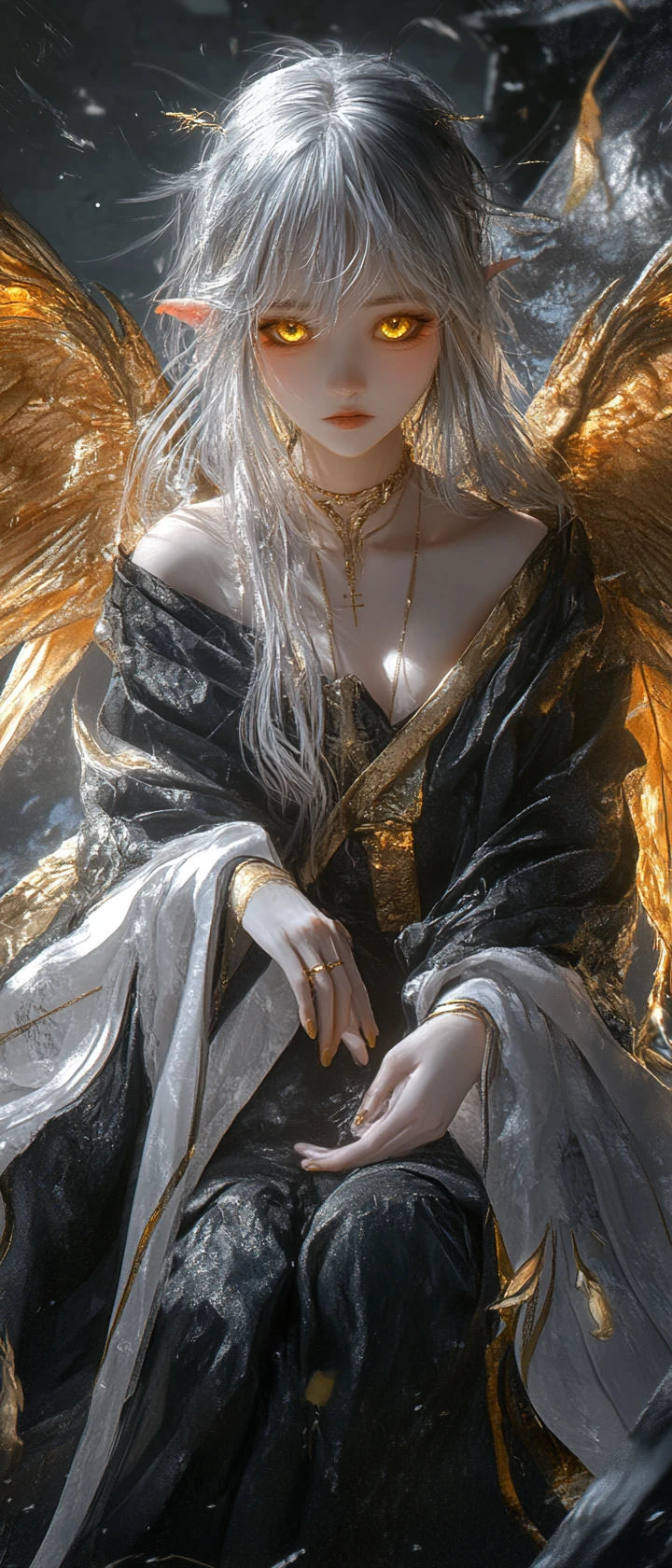 憂鬱翼少女被黑暗飄渺光芒包裹