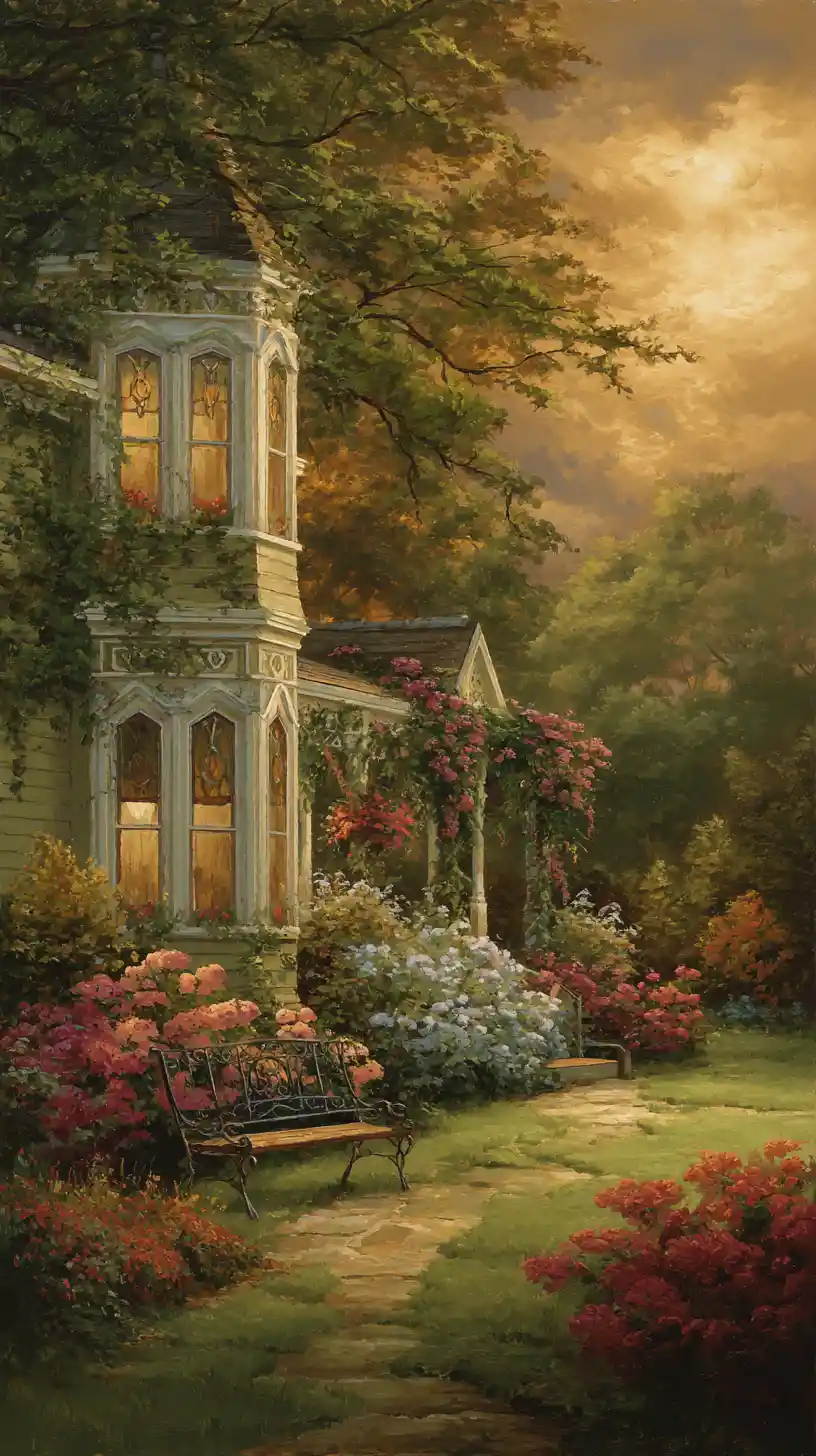 Victorian mansion in a lush summer garden at sunset
