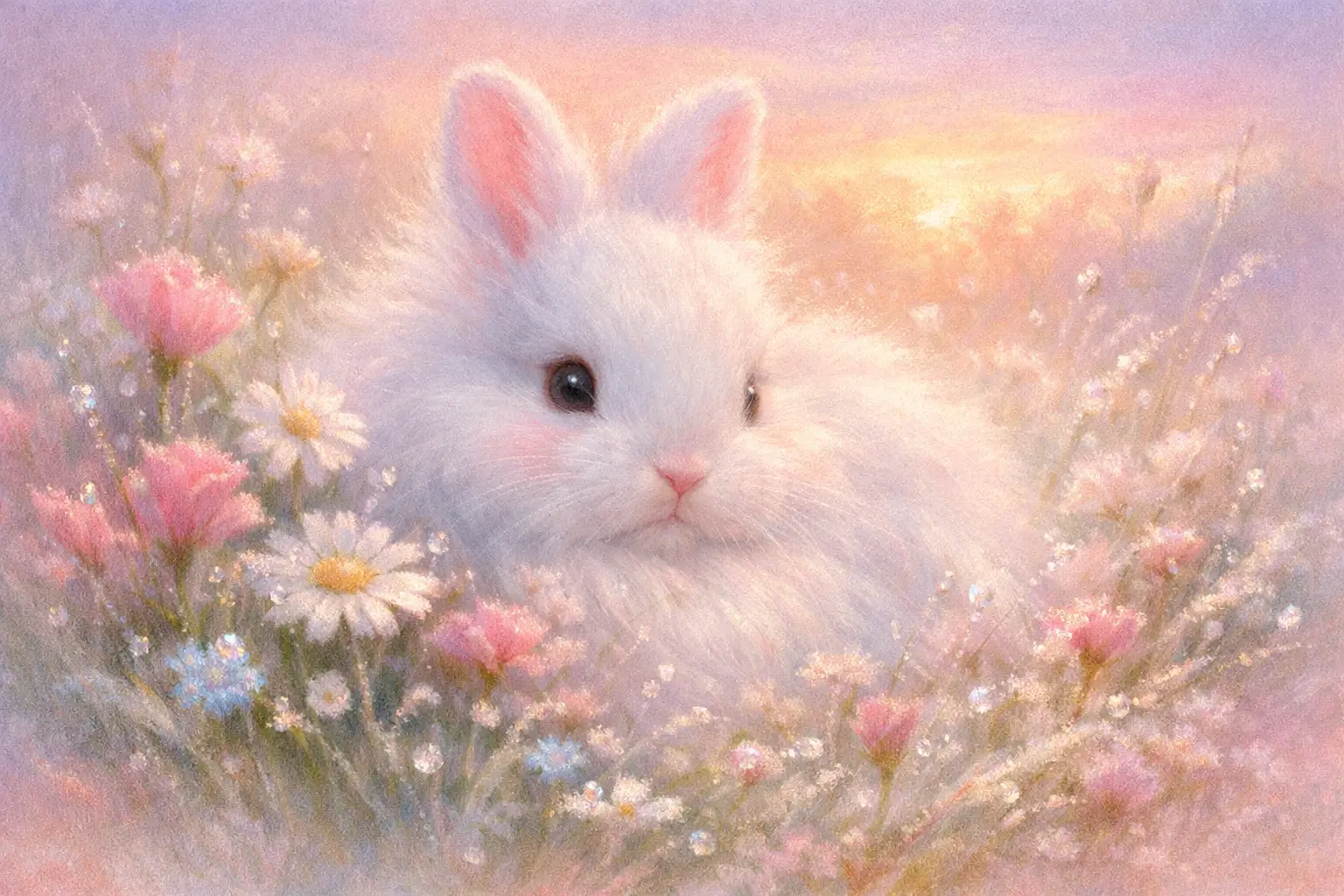 Soft white rabbit in dreamy dawn meadow illustration