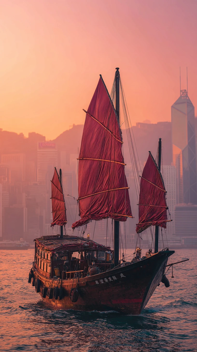 Close-up de um barco junk de Hong Kong no porto ao pôr do sol