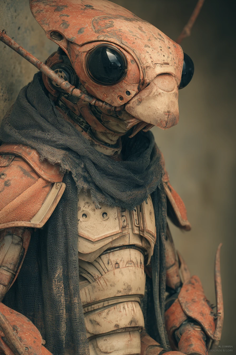 Humanoid crustacean warrior in a moody urban alleyway