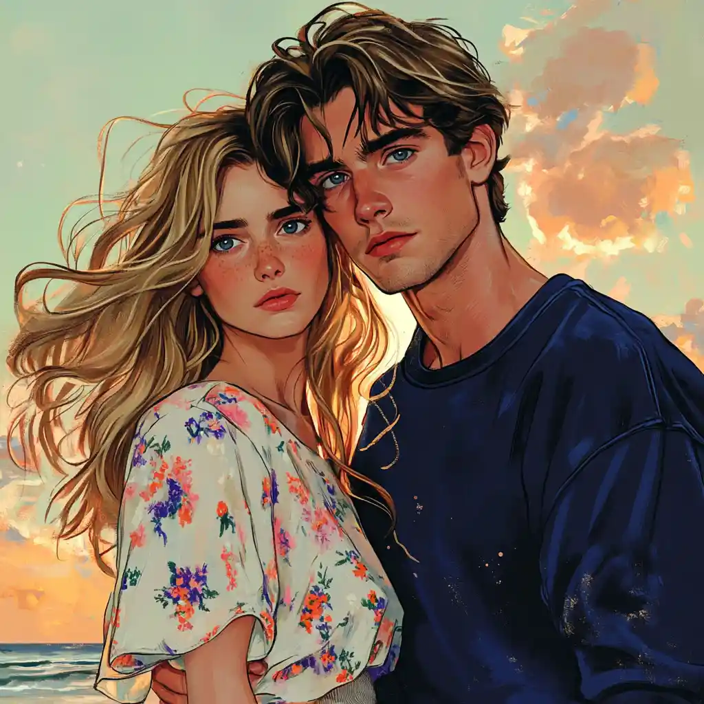 Romantic couple walking along the beach at sunset