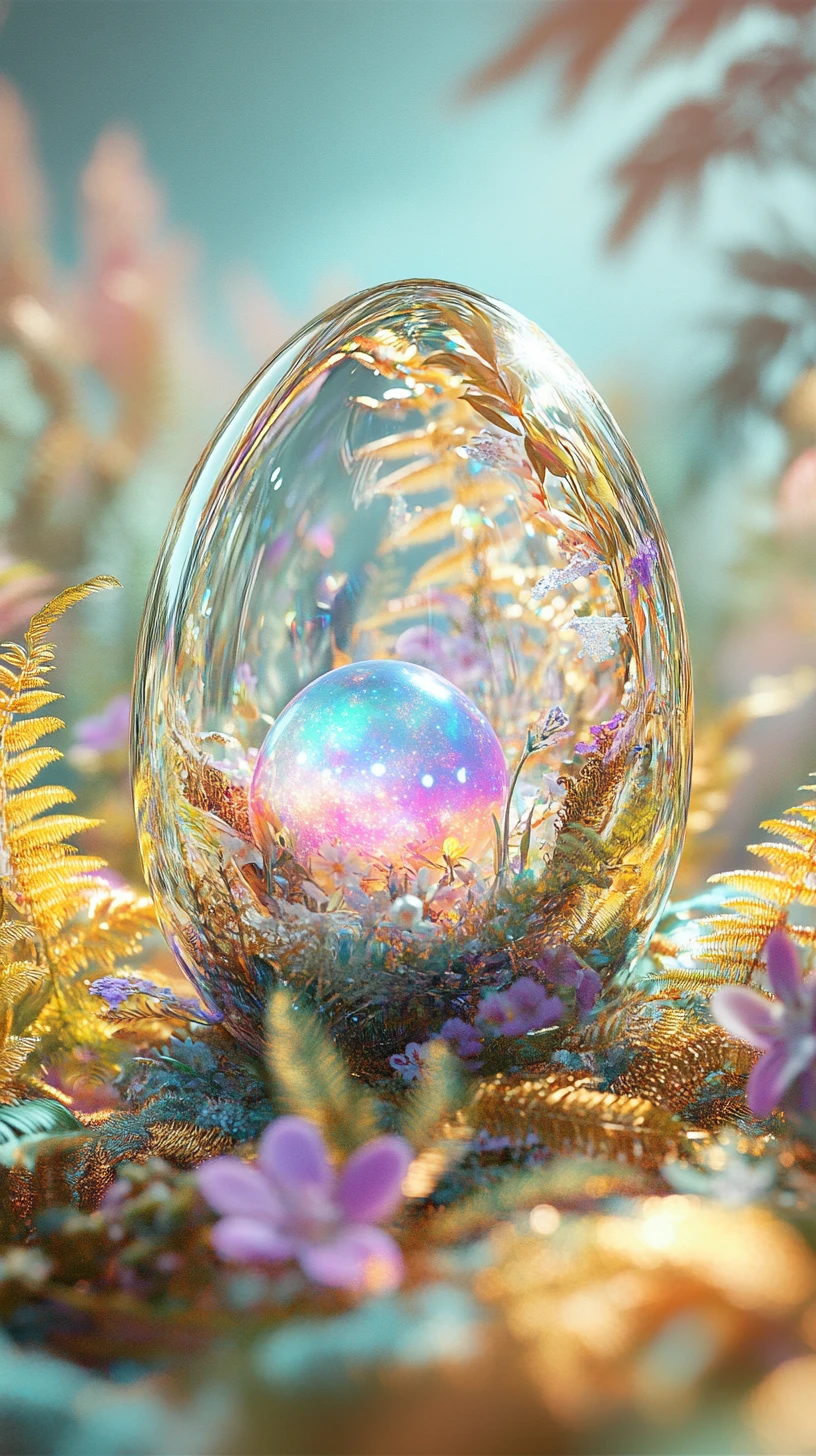 Uovo di vetro iridescente con una piccola galassia al suo interno
