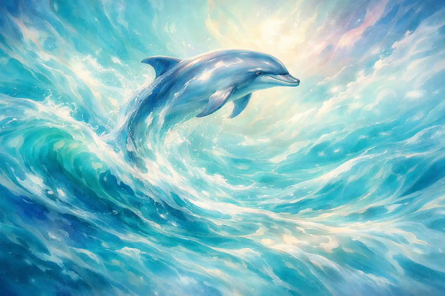 Dreamy acrylic dolphin leaping from turquoise ocean waves