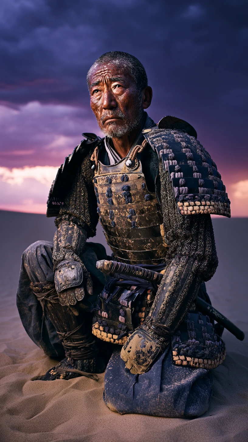 Exhausted samurai kneels in twilight sand after battle