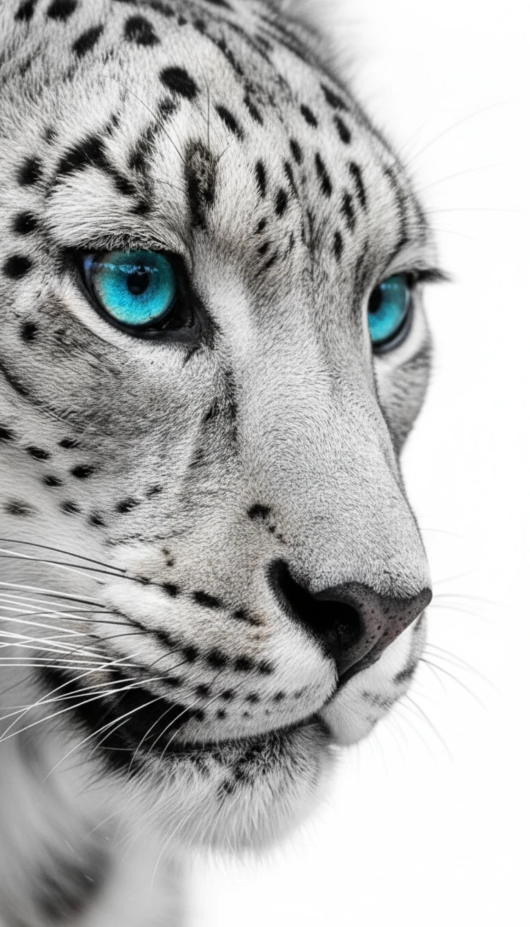 Extreme close up snow leopard eye in soft grayscale profile