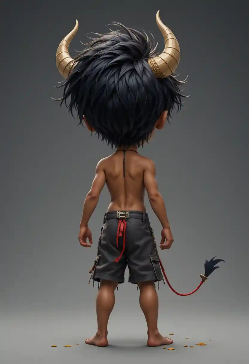 Playful black haired boy posing like a bull in cartoon style