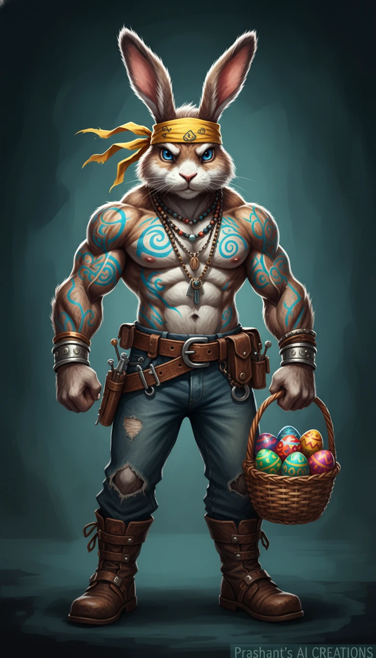 Muscular anthropomorphic rabbit with Easter basket and tattoos
