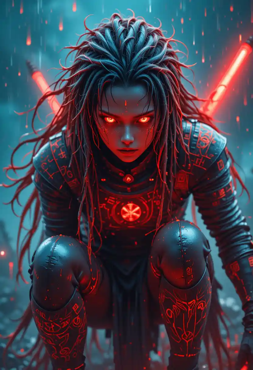 Guerriera con dreadlocks luminosi sotto la pioggia