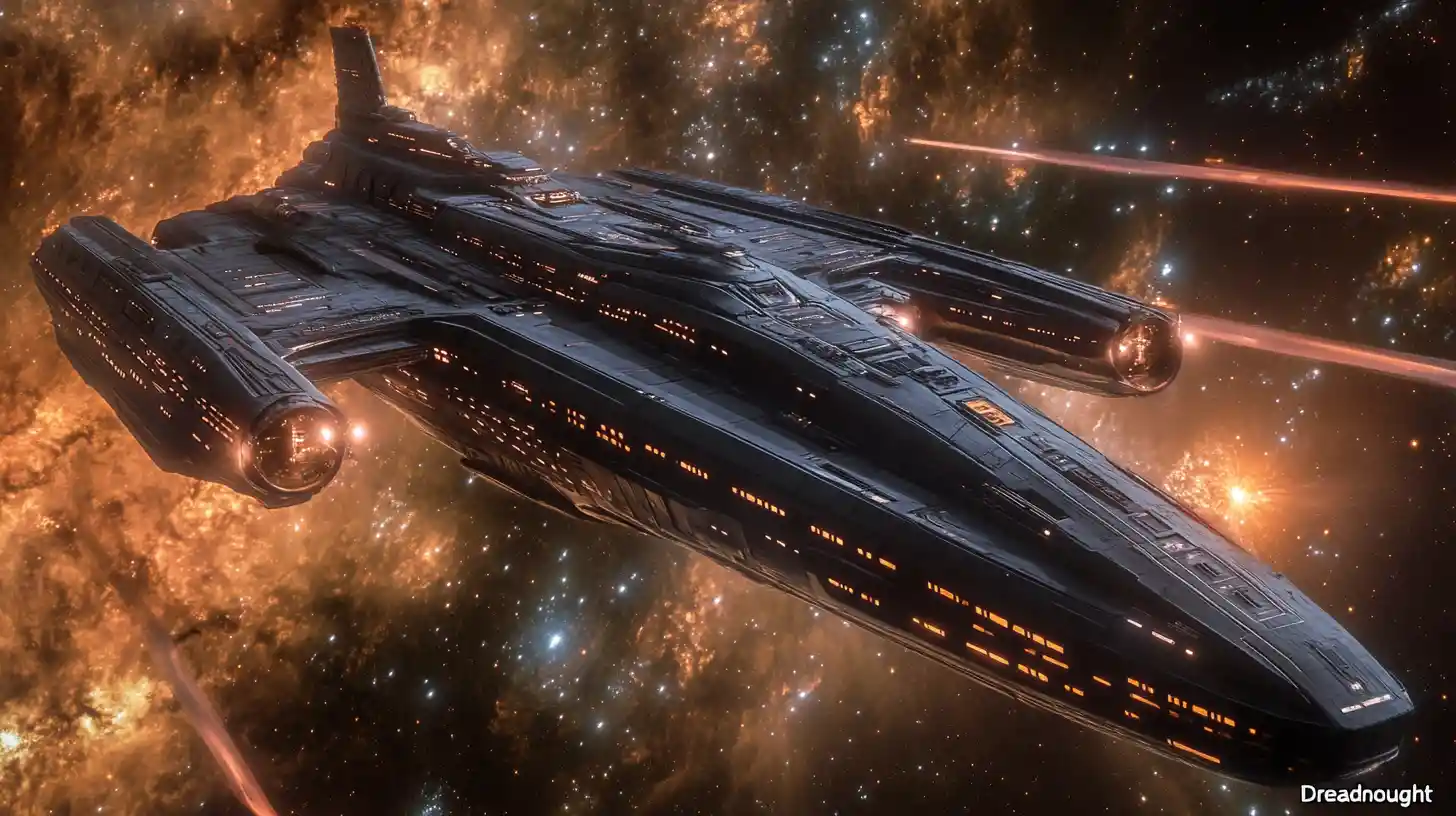 Massive starfleet dreadnought cruiser in deep outer space