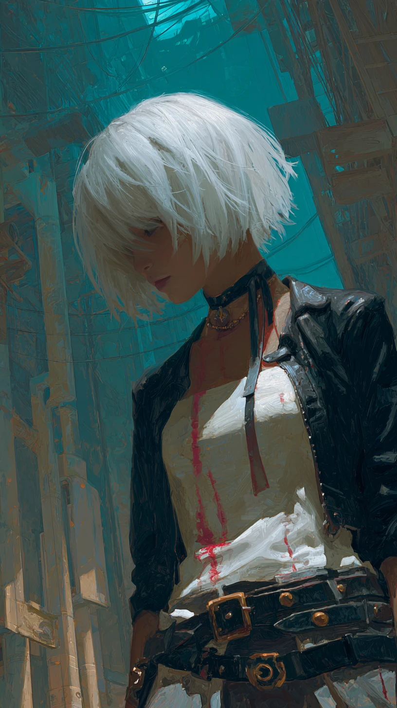 Chica de anime con chaqueta de cuero en sombras y blusa manchada de sangre