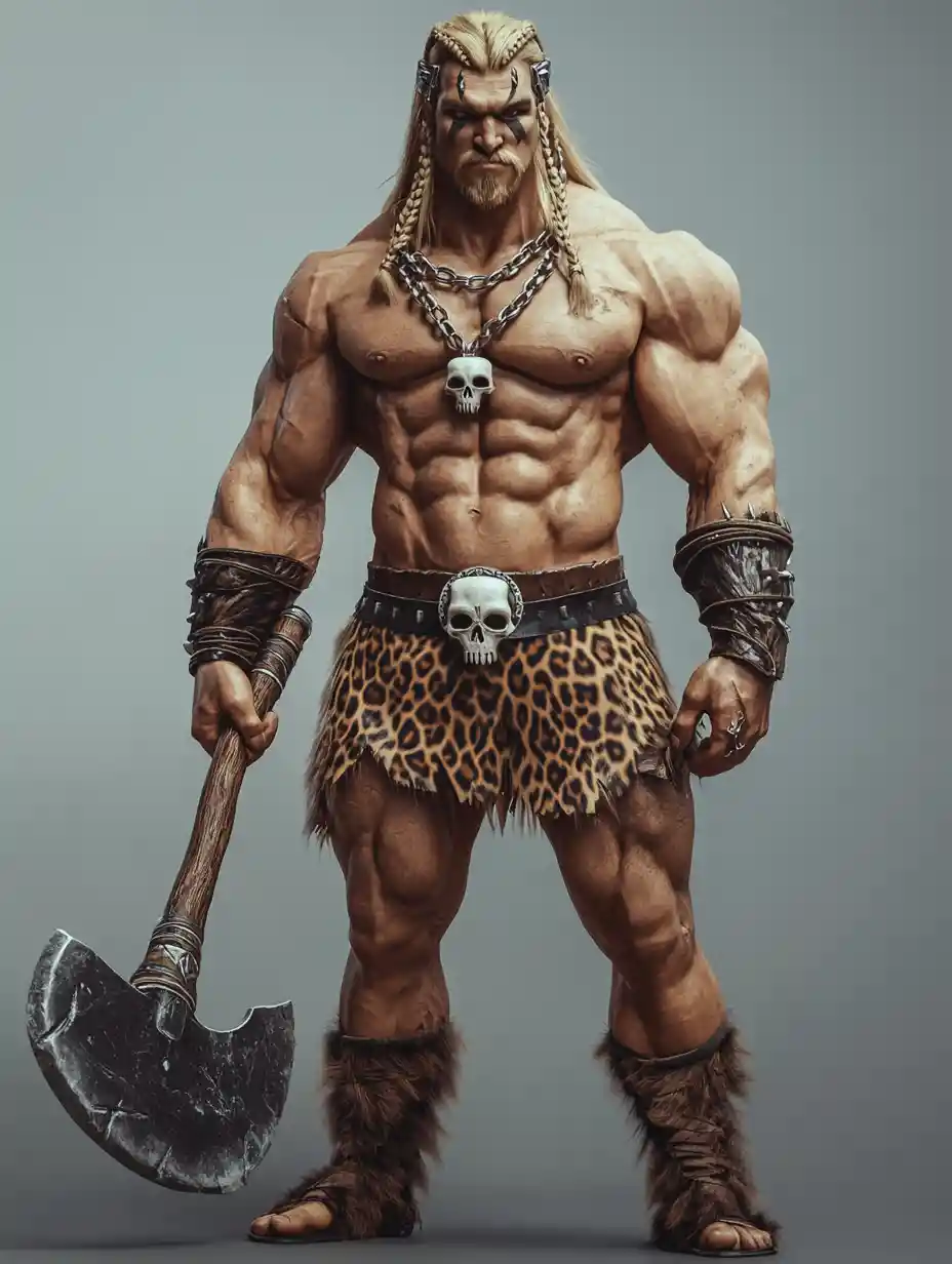 Muscular barbarian with battle axe in 3D render