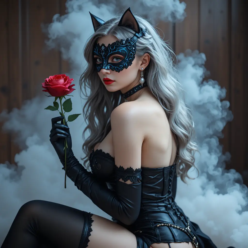 Masked woman in black corset holding rose amid swirling smoke