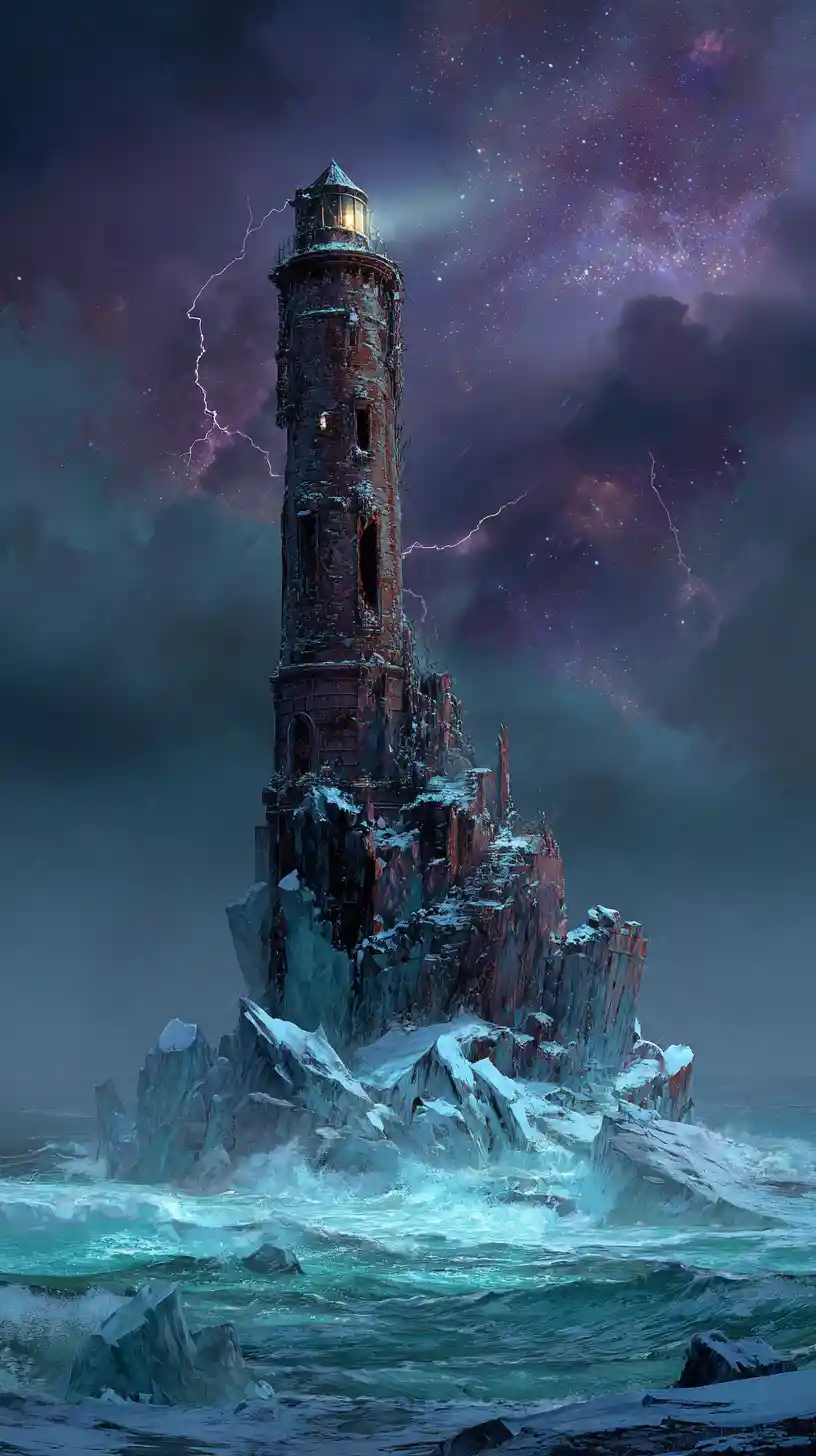 Ancient Lighthouse On Frozen Rocky Island In Stormy Sea