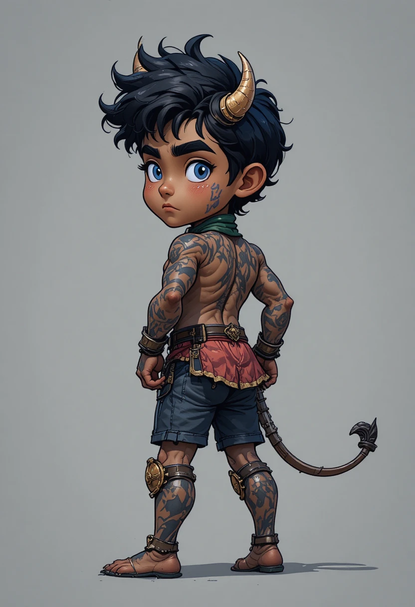 Playful black haired boy posing like a bull