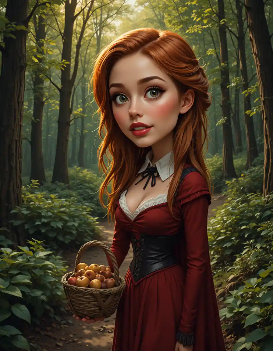 Red haired woman in red dress standing in forest path