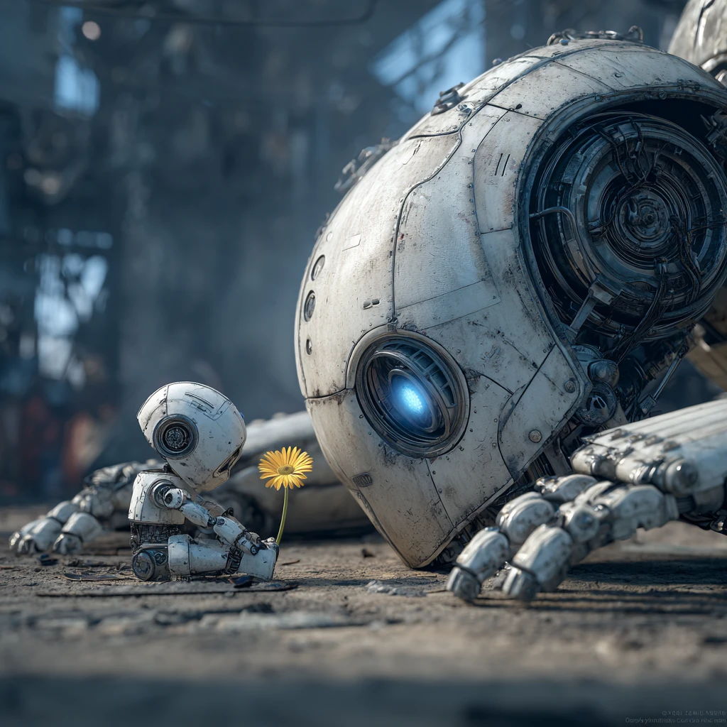 Giant robot and childlike bot watching a single daisy
