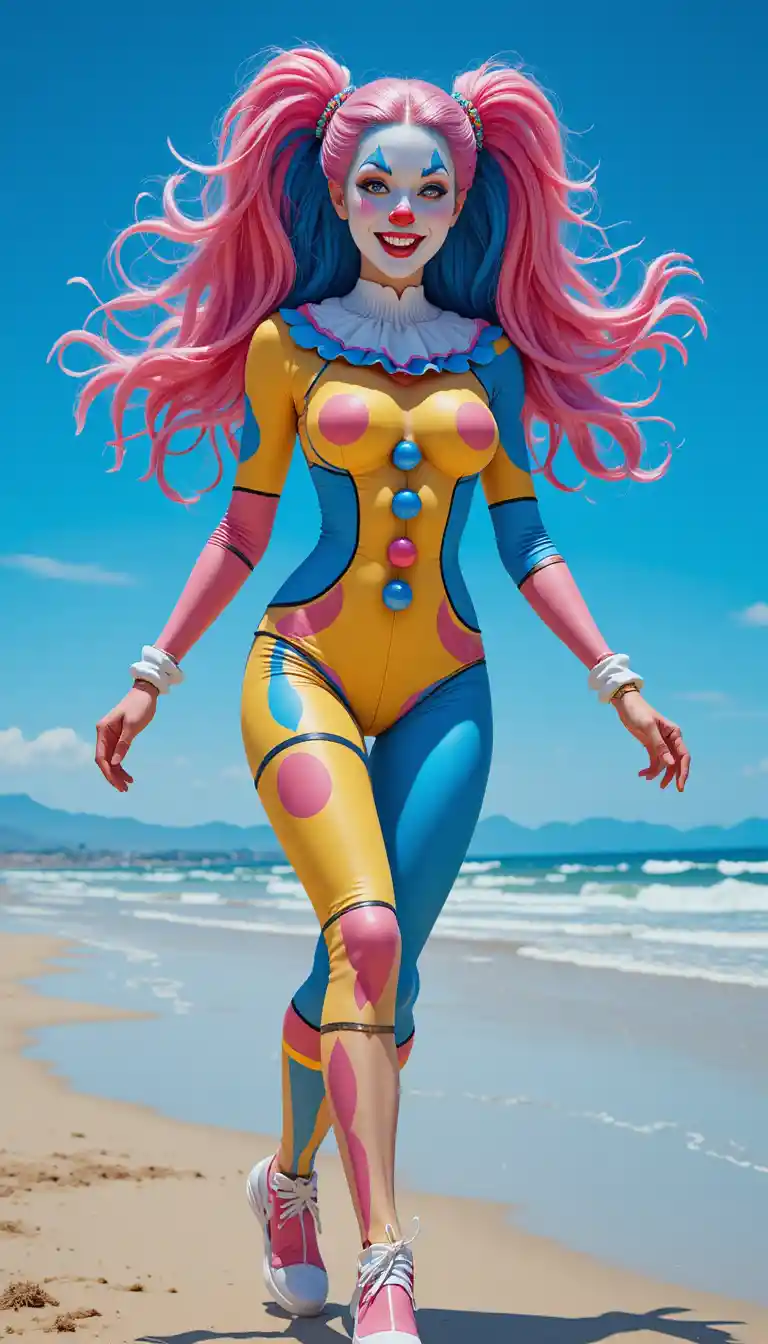 Colorful clown bodypainting woman running along sunny beach
