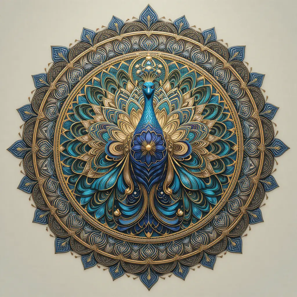 Pavone Mandala Intricato con Motivi Ornamentali Simmetrici