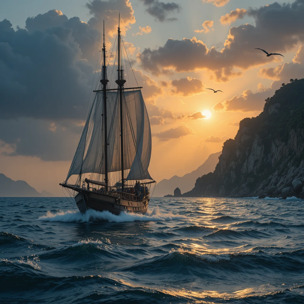 Sailboat at sea under dramatic sunset clouds and birds