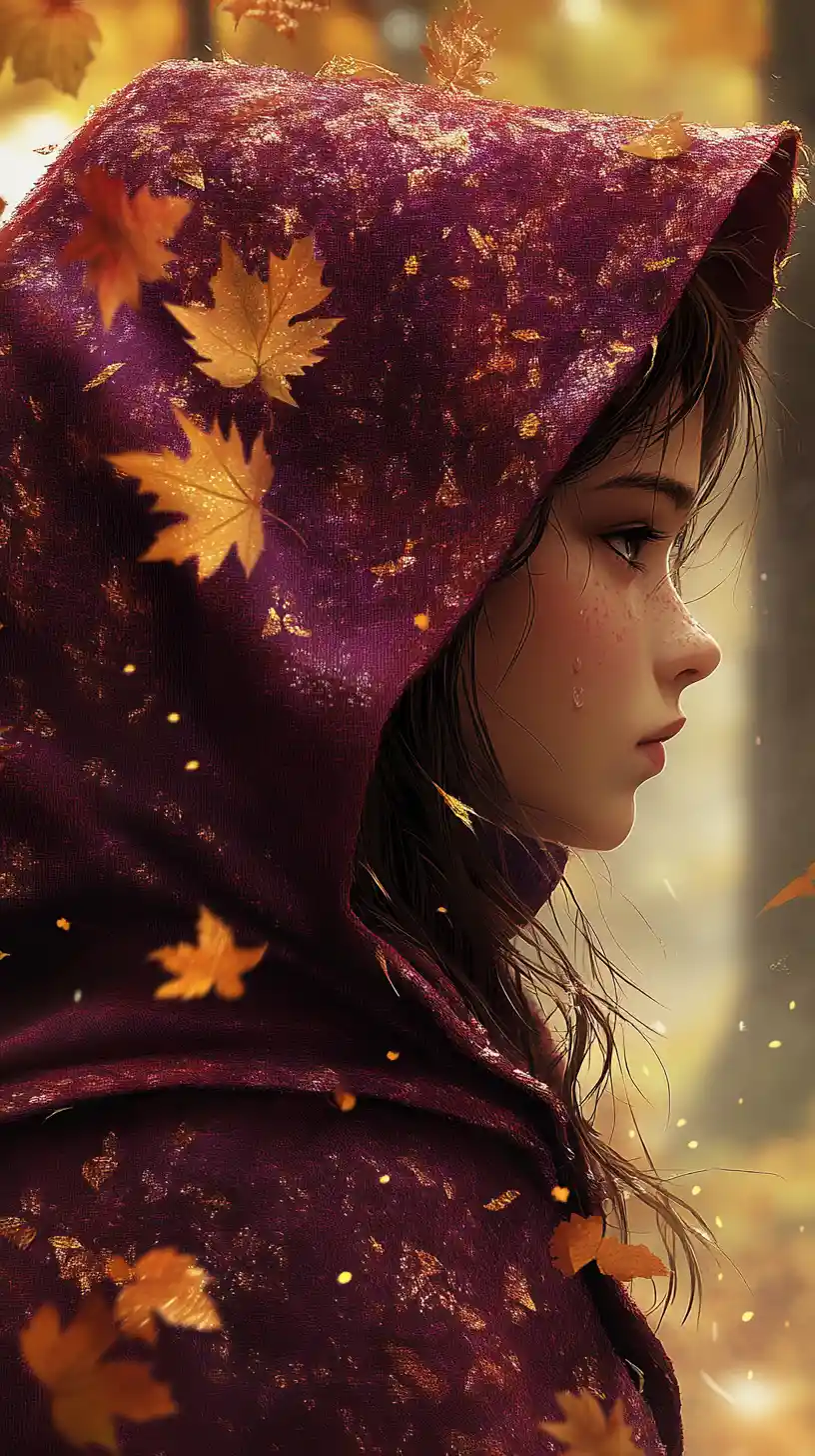 Teen girl in red hooded cape in a quiet autumn forest