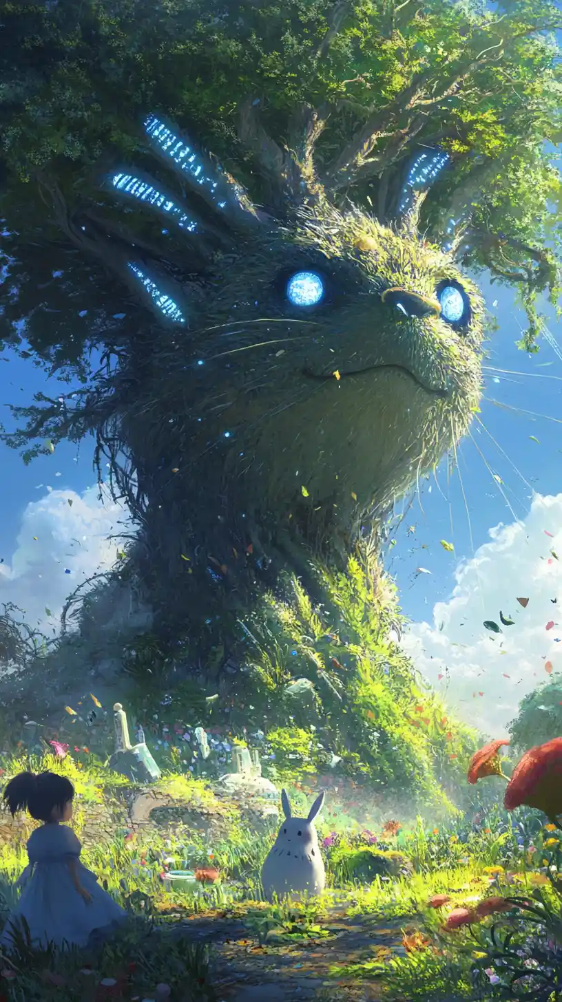 Playful forest spirits in a sunny meadow under tree