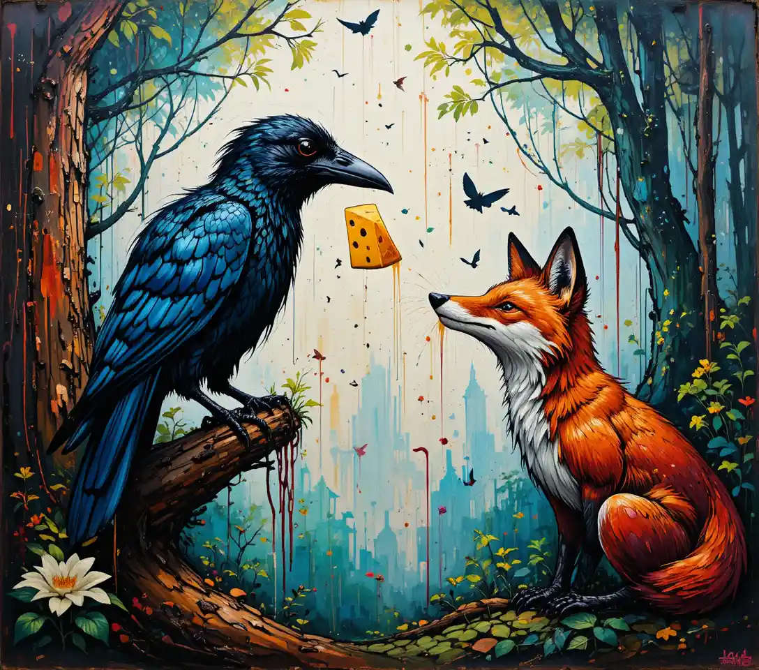 Clever fox complimenting a crow holding cheese