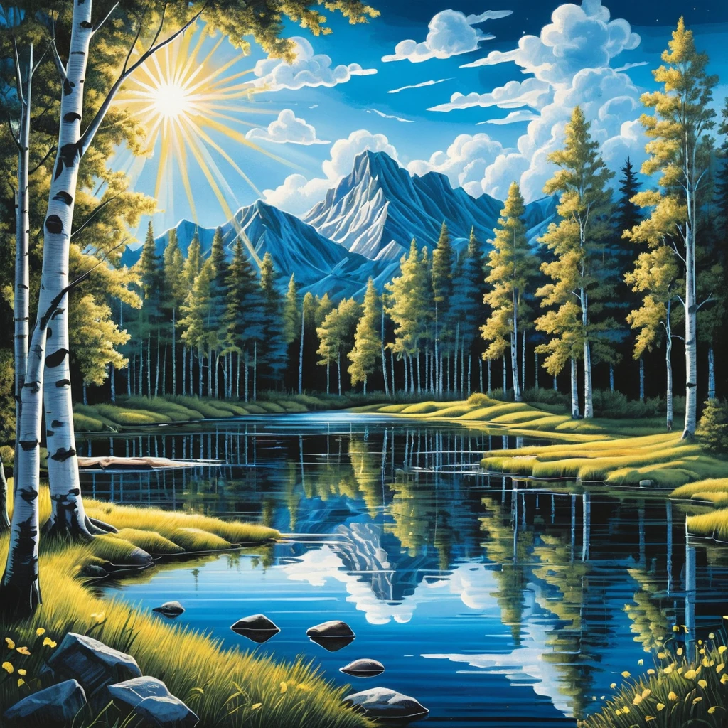 Summer forest lake with birch trees and bright sunlight
