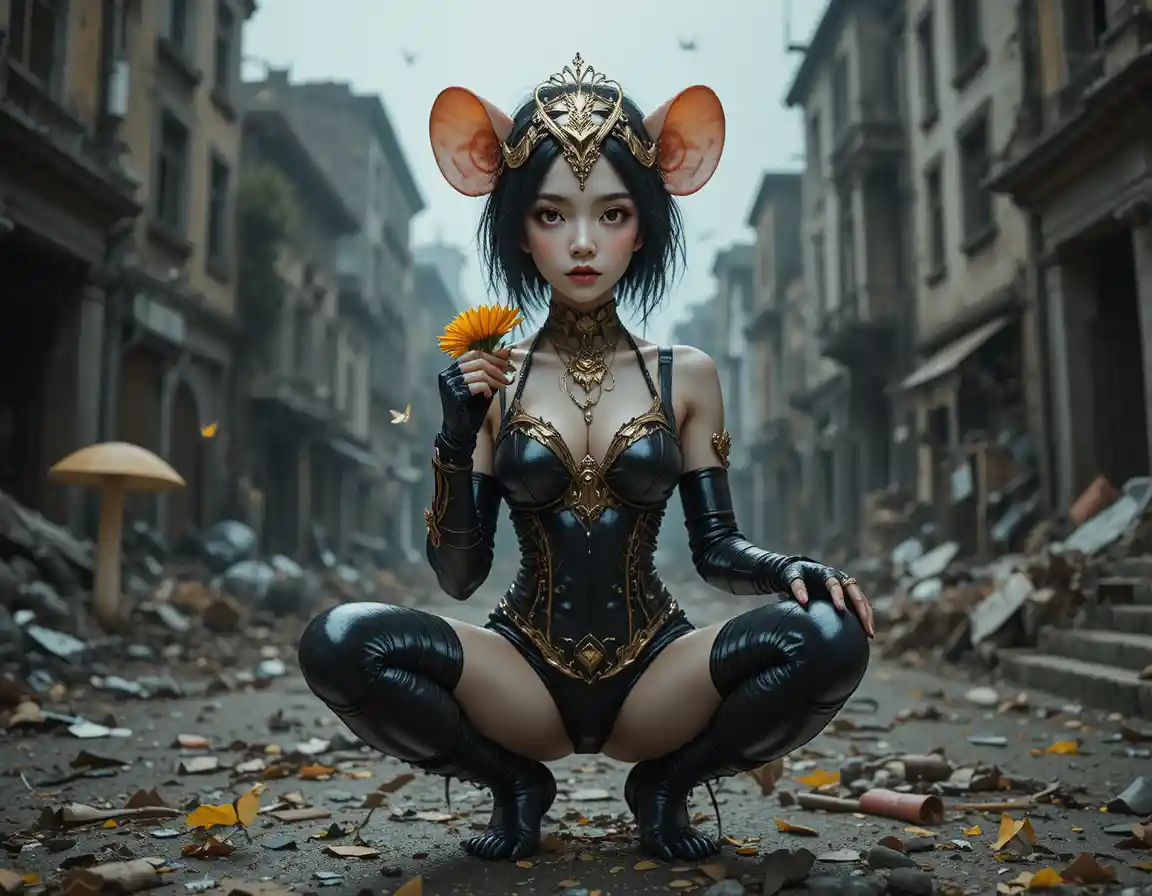 Armored white mouse holding a flower in fantasy forest