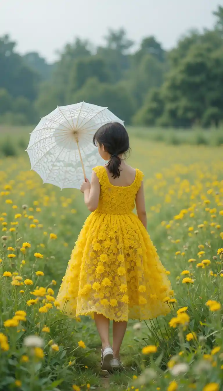 Mädchen im Löwenzahnkleid, das durch eine grüne Wiese spaziert