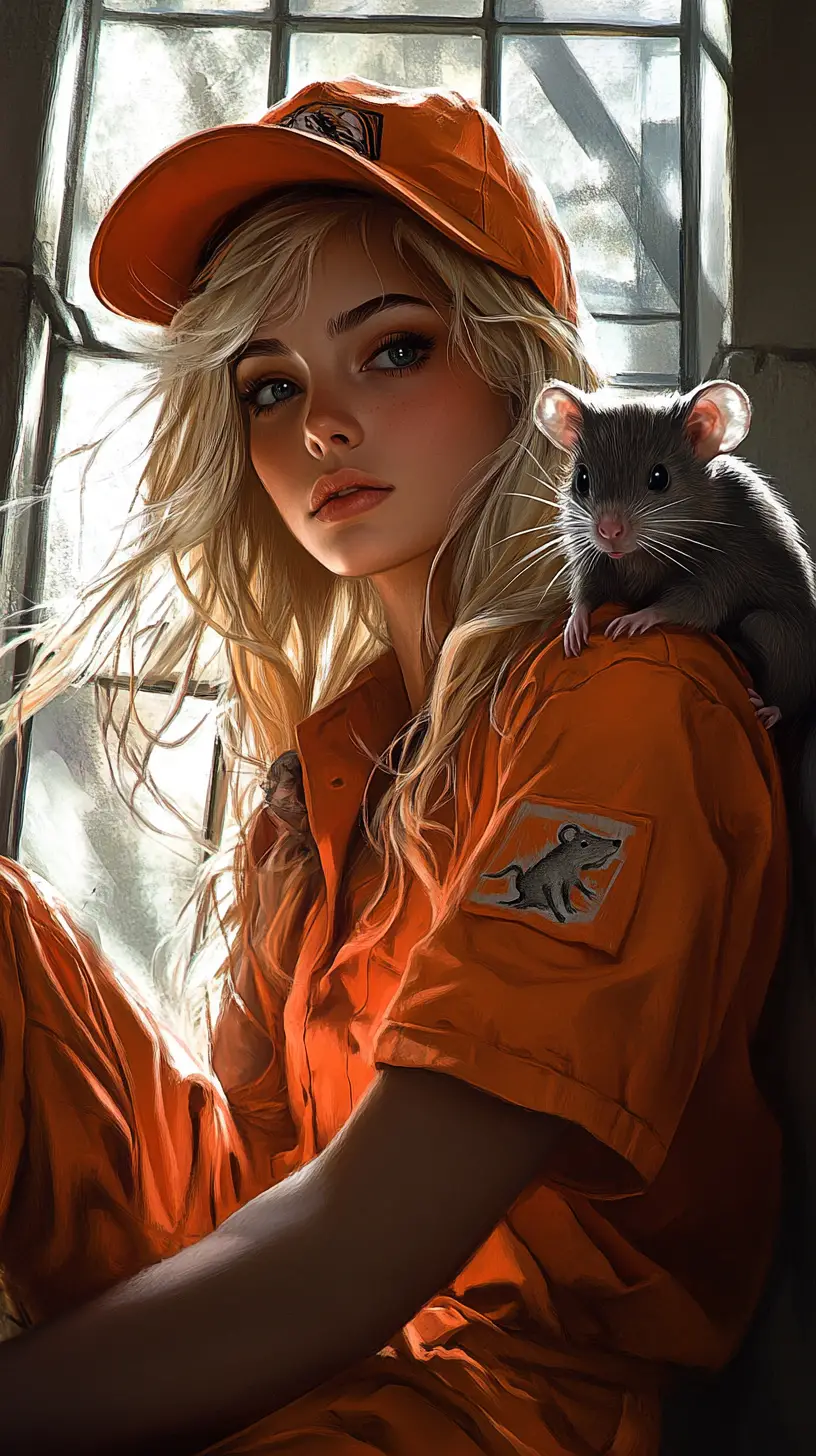 Defiant anime girl in prison cell with pet rat