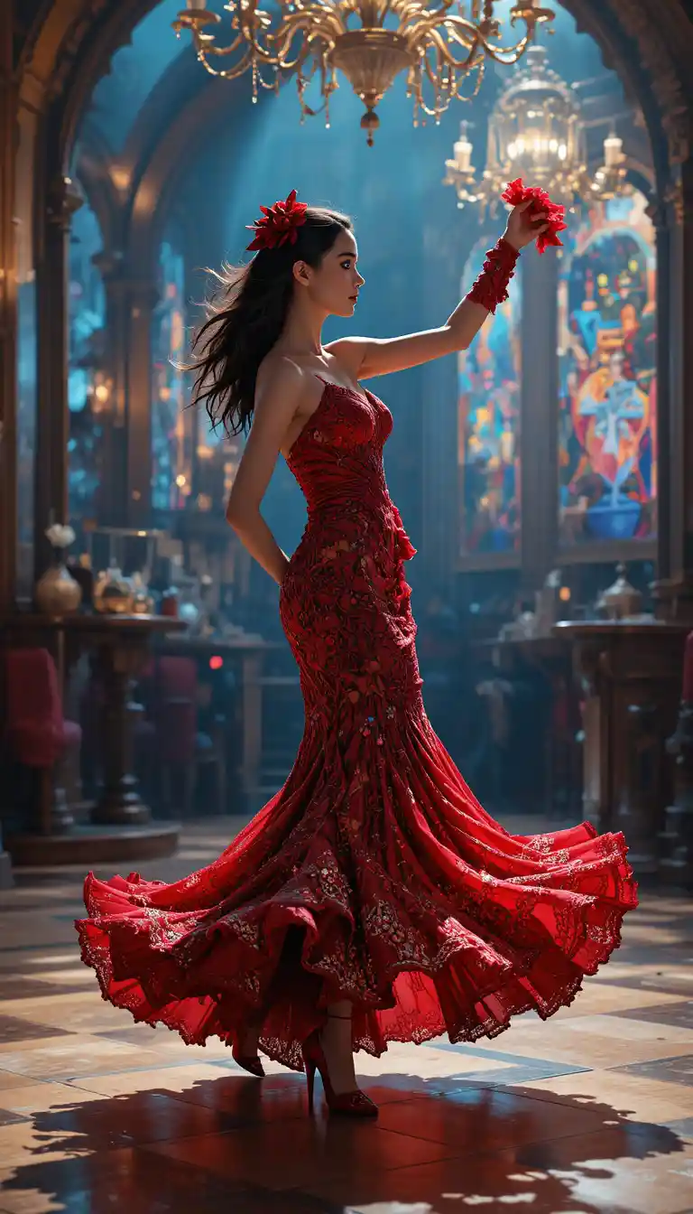 Young woman in red flamenco dress dancing indoors